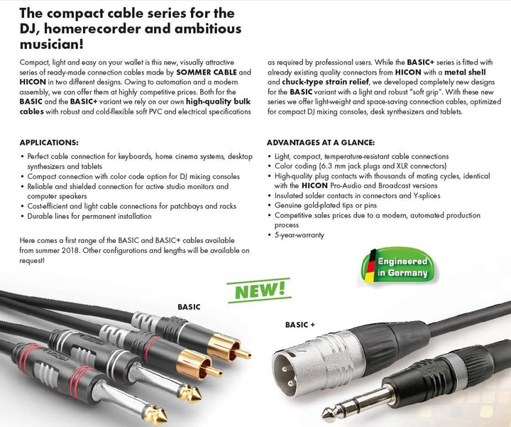 Sommer Cable Basic+ 30cm kurzes Cinchkabel Stereo Patchkabel HICON HI-CM03 RCA Stecker 0,3m - HBP-C2