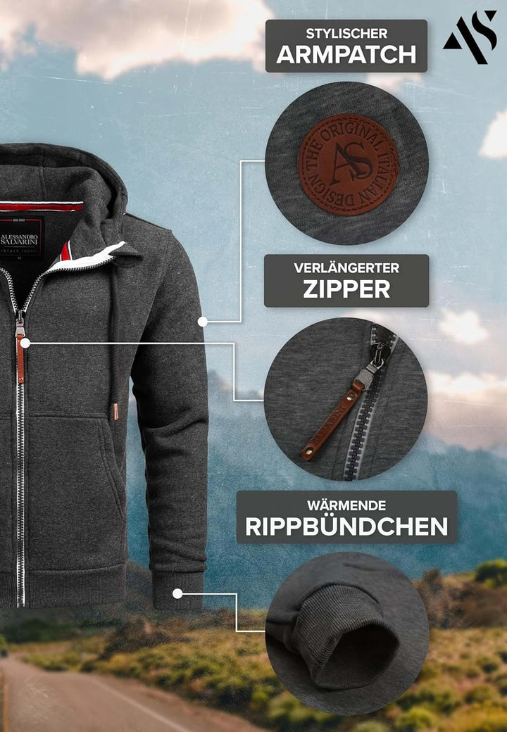 ALESSANDRO SALVARINI Herren Sweatjacke Kapuzenpullover Jacke Hoodie Kapuze Sweater AS292 L Dunkelgra
