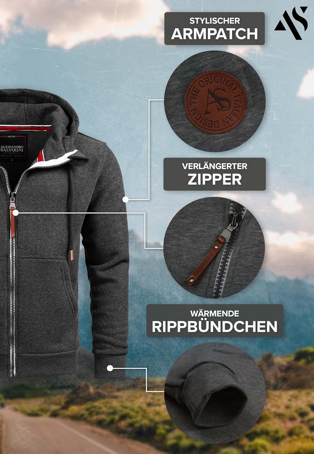 ALESSANDRO SALVARINI Herren Sweatjacke Kapuzenpullover Jacke Hoodie Kapuze Sweater AS292 S Dunkelgra