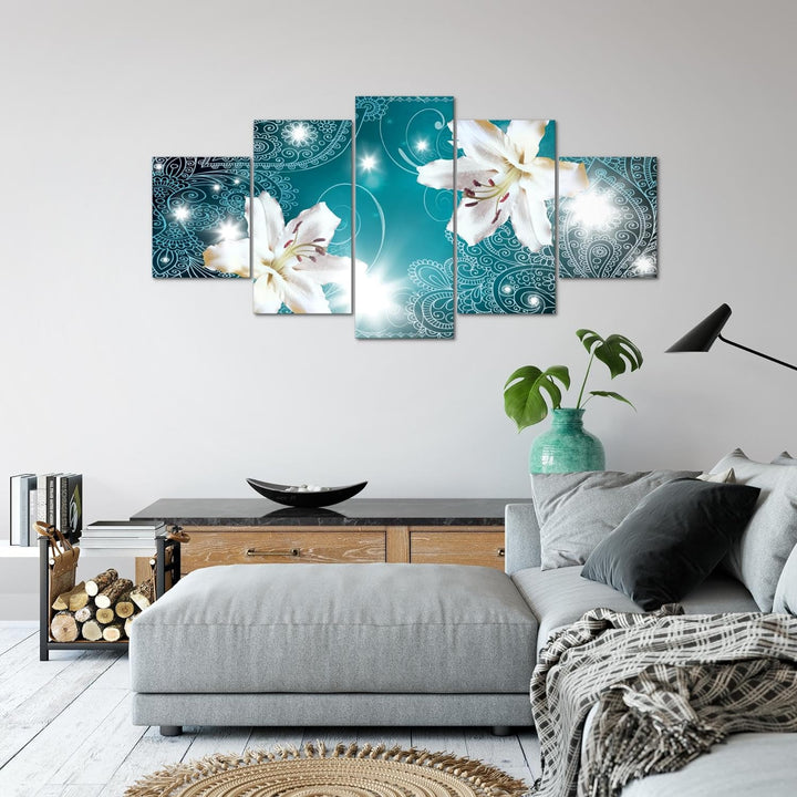 Runa Art Wandbilder Blumen Lilien 5 Teilig Bild auf Vlies Leinwand Deko Wohnzimmer Abstrakt Türkis 0