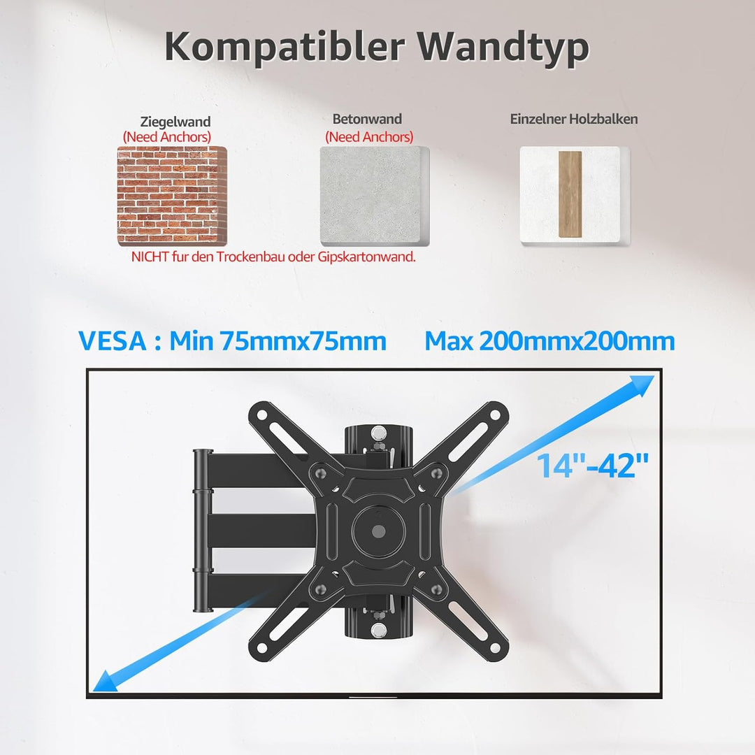 MOUNTUP TV Wandhalterung für 14-42 Zoll LED, LCD, OLED Fernseher oder Monitor, Schwenkbar und um 180