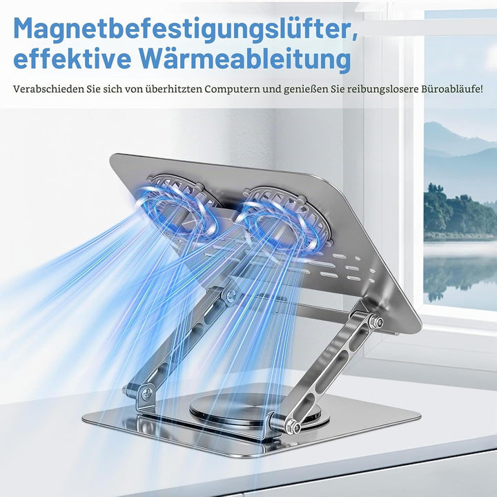 Laptop Ständer mit Lüfter, Ergonomisch Verstellbarer Belüfteter Notebook Halterung mit 360°-Drehung,