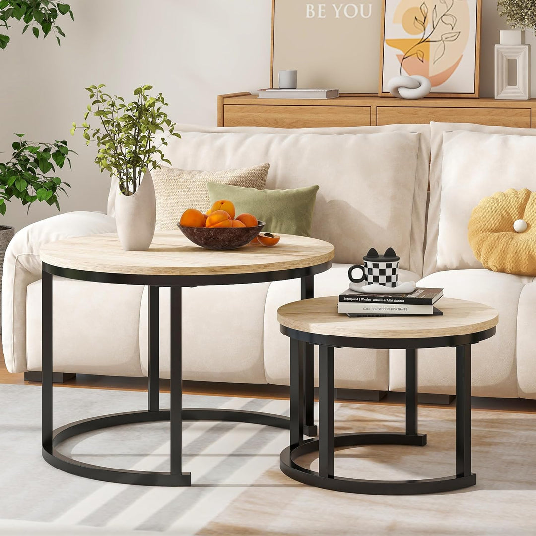 Couchtisch Rund, 2er Set Sofa Couchtisch Industrial Style, verschachtelte Beistelltische aus Metall