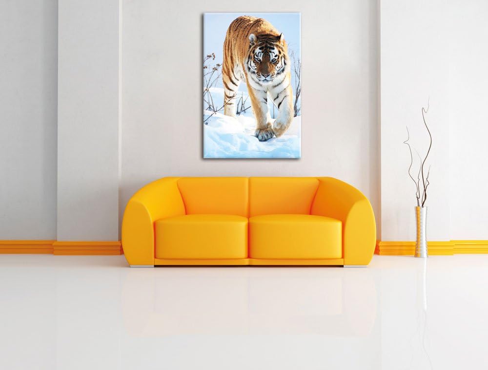 Tiger im Schnee, Format: 100x70 auf Leinwand, XXL riesige Bilder fertig gerahmt mit Keilrahmen, Kuns