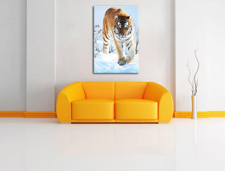 Tiger im Schnee, Format: 100x70 auf Leinwand, XXL riesige Bilder fertig gerahmt mit Keilrahmen, Kuns