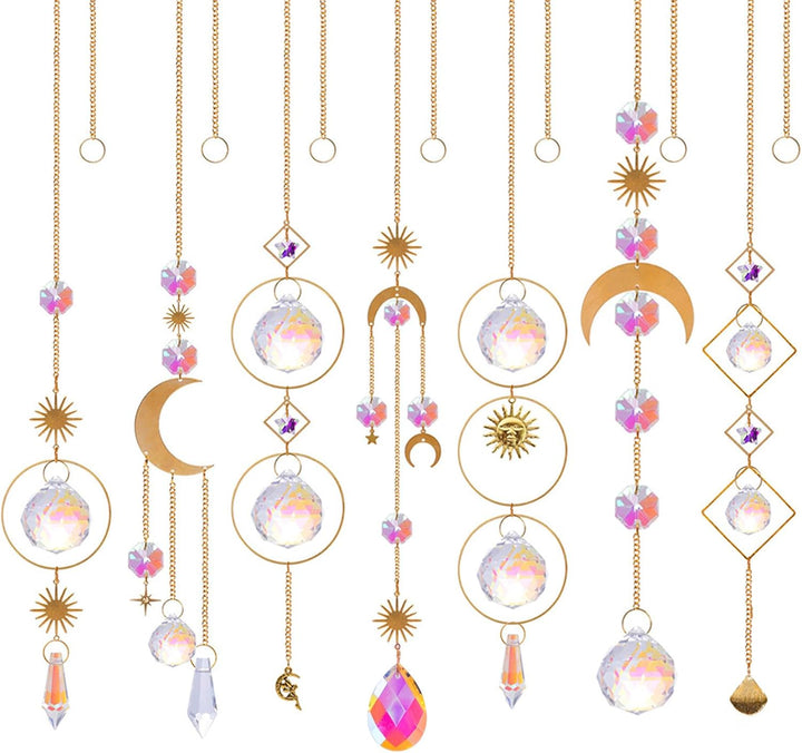 7 Stück Sonnenfänger Kristall Hanging Windspiel Regenbogen Sonnen Mond Anhänger Kristalle Ornament K