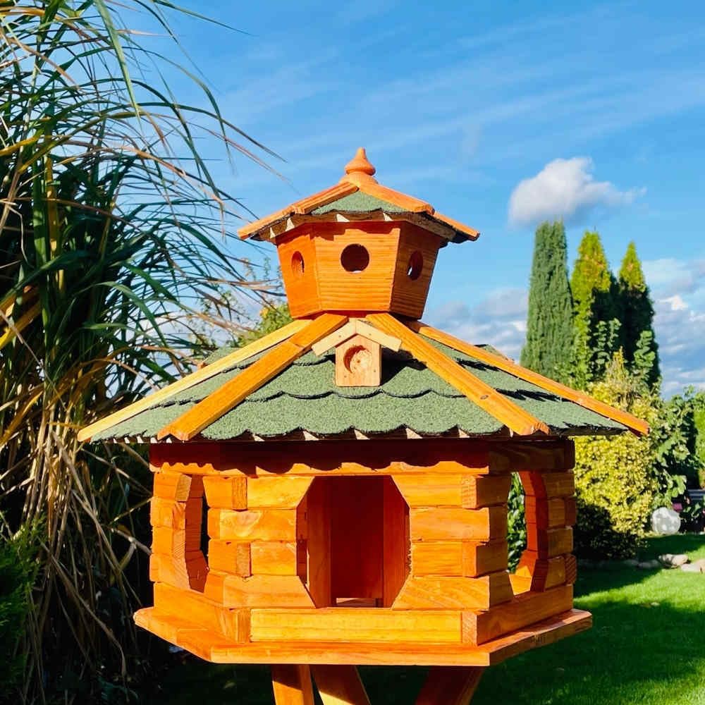 handgefertigtes Sechseck Vogelhaus aus Holz wetterfest M - XL mit und ohne Ständer, Futterhaus, Futt