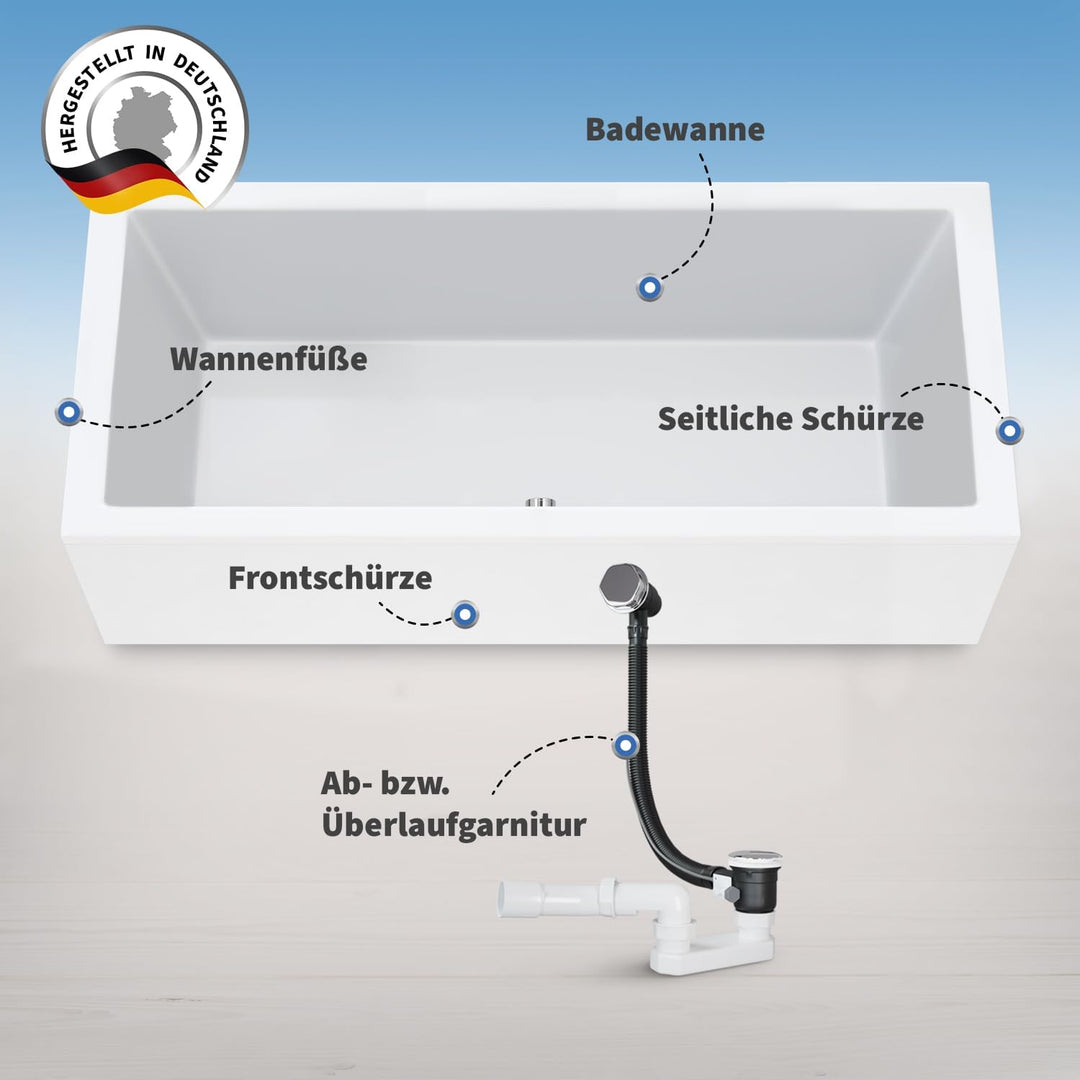 AQUADE Acryl Badewanne 180x90 cm Modell: Wolfsburg Hergеstellt in Dеutschland - Weiss Badewannen Kom