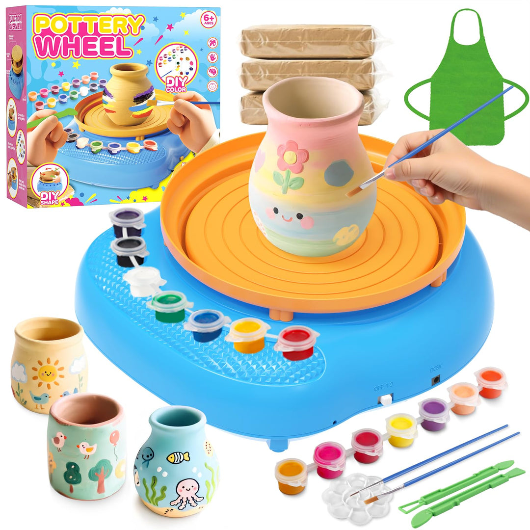 Töpferscheibe für Kinder 6-12 Jahre – Komplettes DIY-Töpfer-Set für Anfänger mit 4 Lufthärtenden Ton