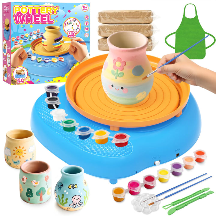 Töpferscheibe für Kinder 6-12 Jahre – Komplettes DIY-Töpfer-Set für Anfänger mit 4 Lufthärtenden Ton