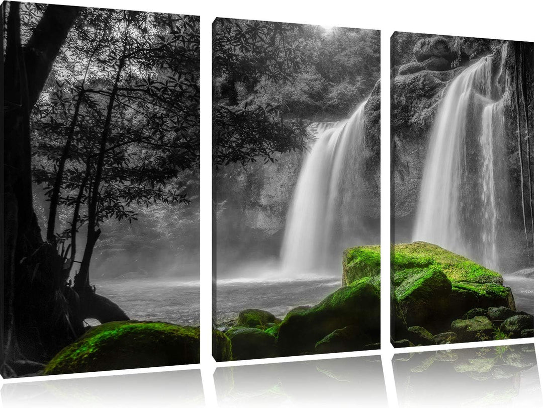 traumhafter Wasserfall im Dschungel schwarz/weiss 3-Teiler Leinwandbild 120x80 Bild auf Leinwand, XX
