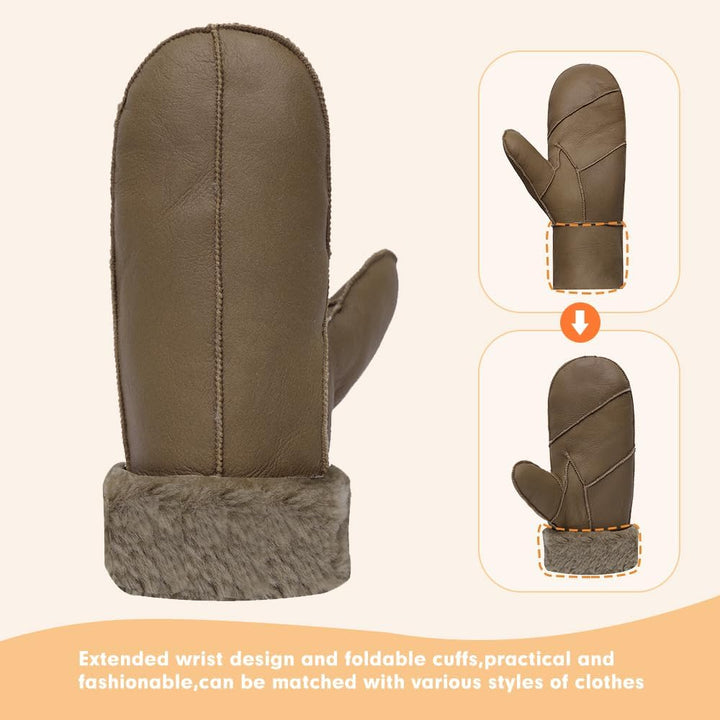 MGGMOKAY Damen Lammfell Shearling Fäustlinge Warme Winter Lederhandschuhe XL Hellbraun, XL Hellbraun