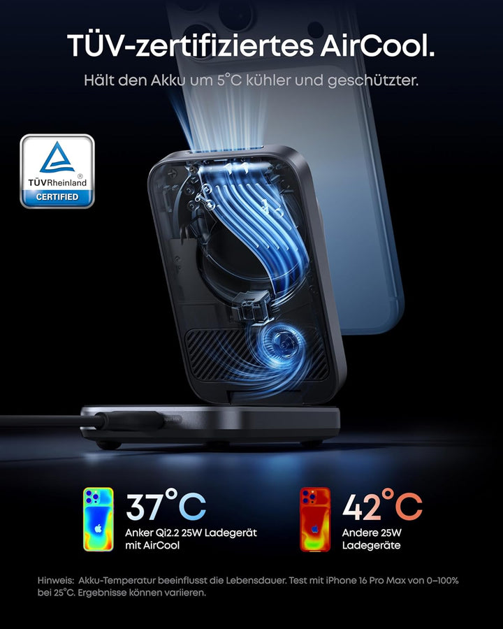 Anker Prime 3-in-1 Ladestation, AirCool kabelloses Ladegerät, 25W Qi2.2-Zertifiziert, kompakt & falt