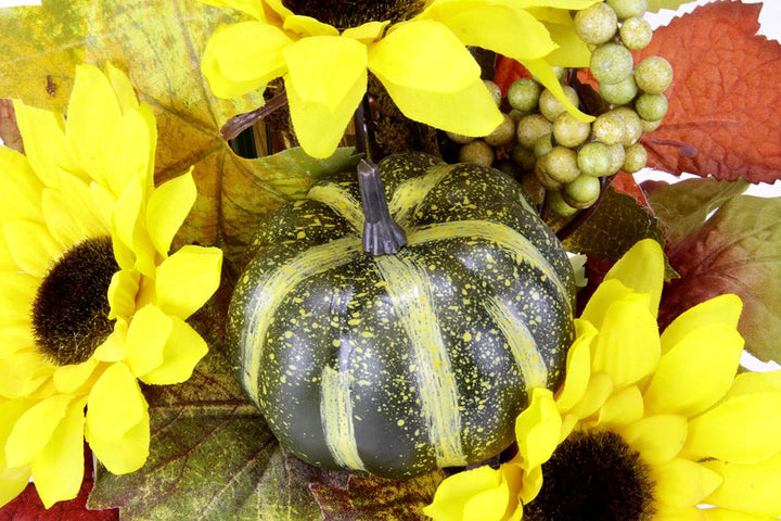 Gesteck aus Sonnenblumen mit Kürbis im Apfel-Topf Kunstblumen Arrangement Künstlich Deko Tischdeko H