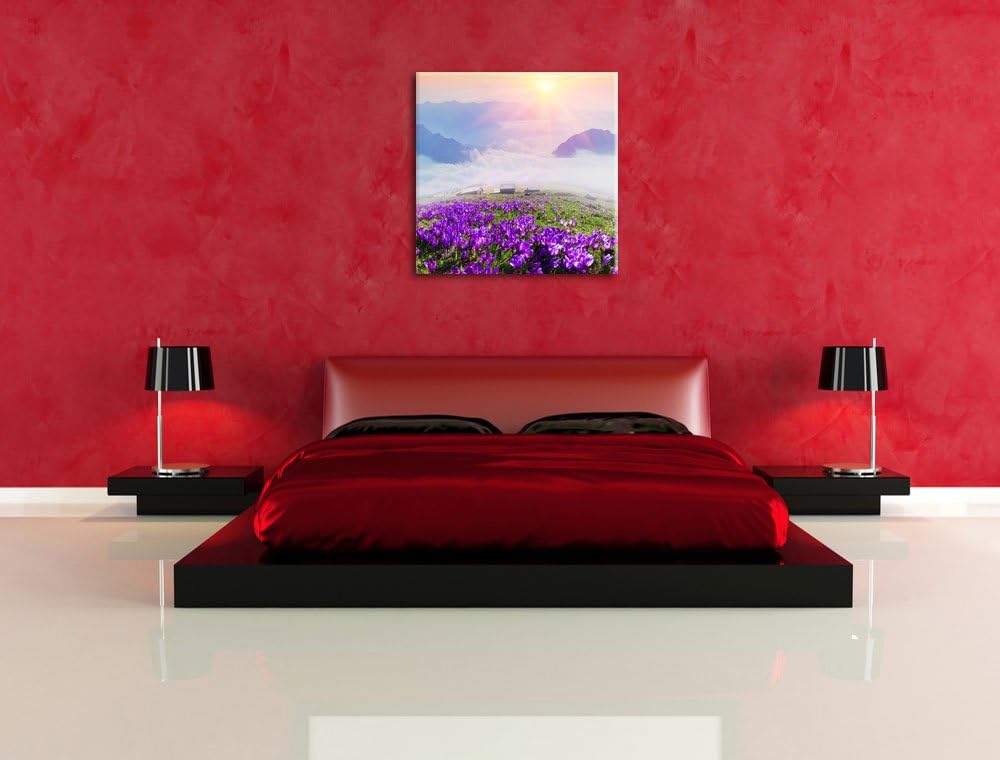 Pixxprint Krokusse in den Bergen / 70x70cm Leinwandbild bespannt auf Holzrahmen/Wandbild Kunstdruck