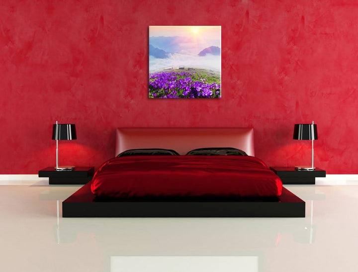 Pixxprint Krokusse in den Bergen / 70x70cm Leinwandbild bespannt auf Holzrahmen/Wandbild Kunstdruck