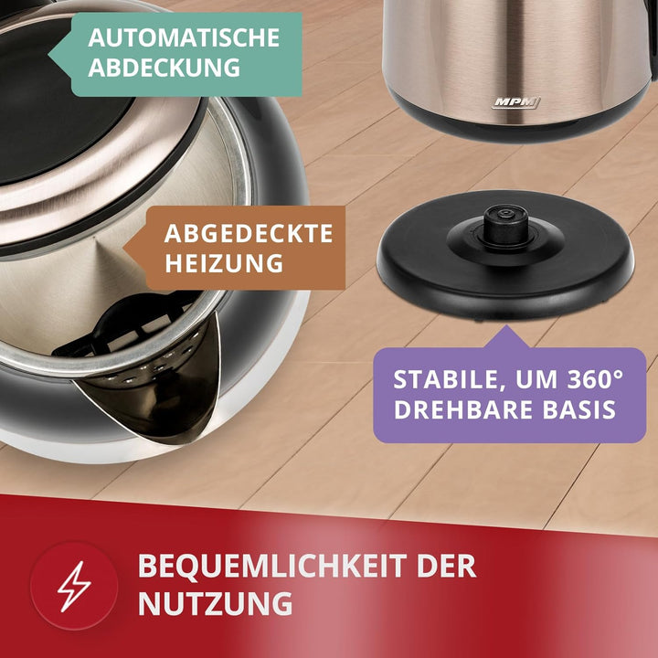 MPM MCZ-91M Elektrischer Wasserkocher, Fassungsvermögen 1,7 L, BPA-freier Edelstahl, Kabellos 360º o