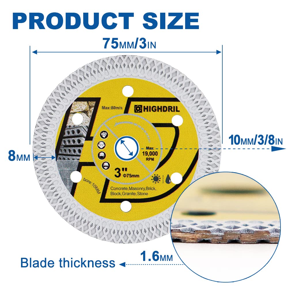 HIGHDRIL Diamant-Fliesenscheibe 75mm x 10mm, 3STK X-Zähne Betonsägeblatt für Granit, Hartbeton, Hart