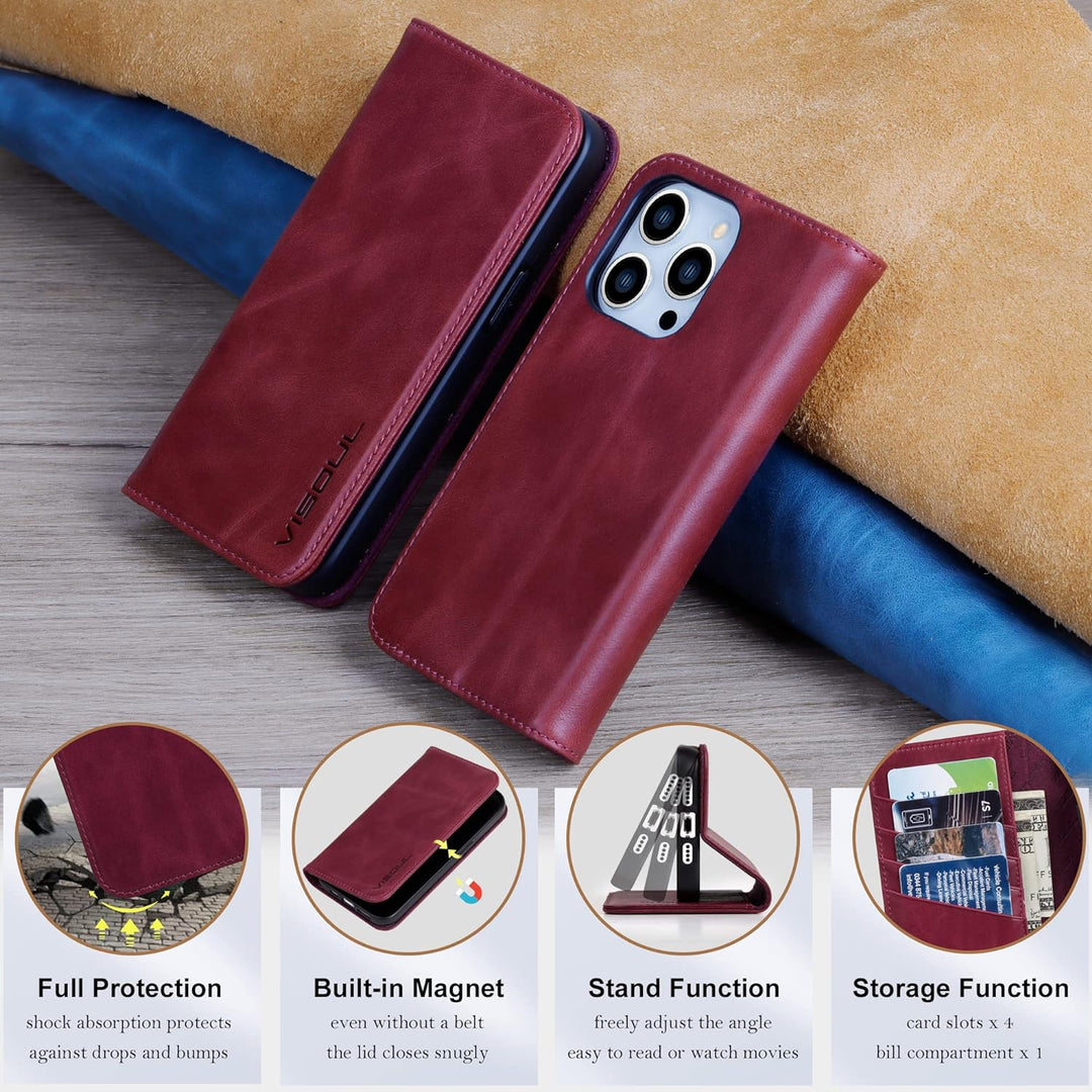 VISOUL Hülle für iPhone 14 Pro Max Handyhülle [Erstklassiges Echtleder] [Schützt vor Stoss] [Kartenf