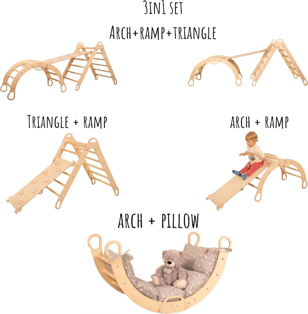 WoodsCraft 4in1 Set: Grosse Kletterbogen mit Kissen & Kletterdreieck mit 2in1: Rutsche Indoor/Klette