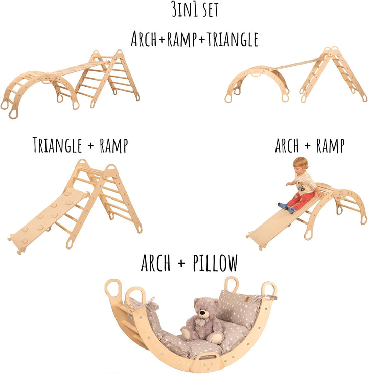 WoodsCraft 4in1 Set: Grosse Kletterbogen mit Kissen & Kletterdreieck mit 2in1: Rutsche Indoor/Klette