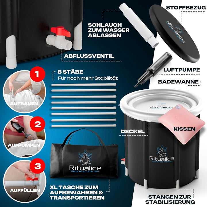 Ritualice® Eisbad (80 cm Ø) XL Komplettset - TESTSIEGER - Eistonne Set mit Deckel, Stoffbezug und XL