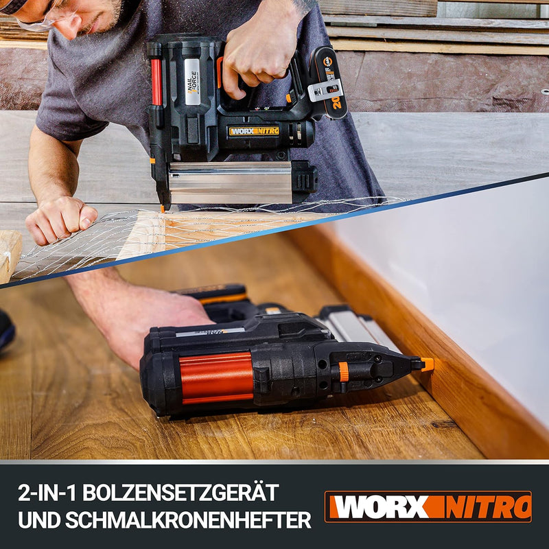 WORX WX840.9 NITRO NailForce Akku Nagler und Tacker 20V - 2-IN-1 Funktionen als Bolzensetzgerät & Sc