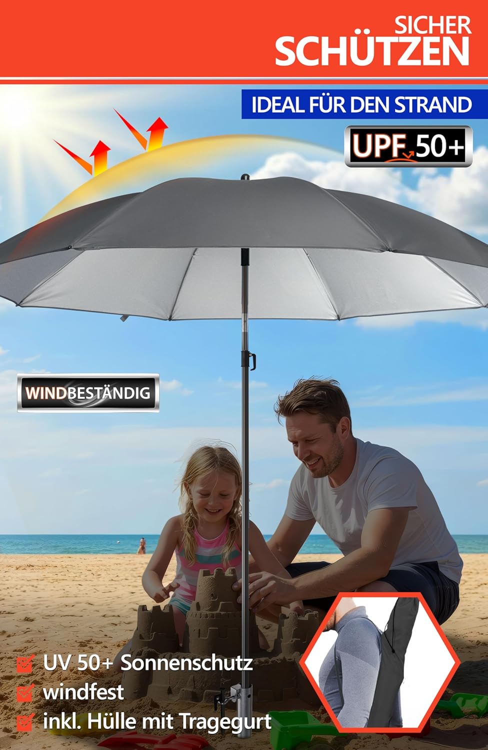 4smile Sonnenschirm Strand Set 3-in-1, Ø 180 cm Strandschirm Windfest Stabil mit Schirmhülle & Eindr