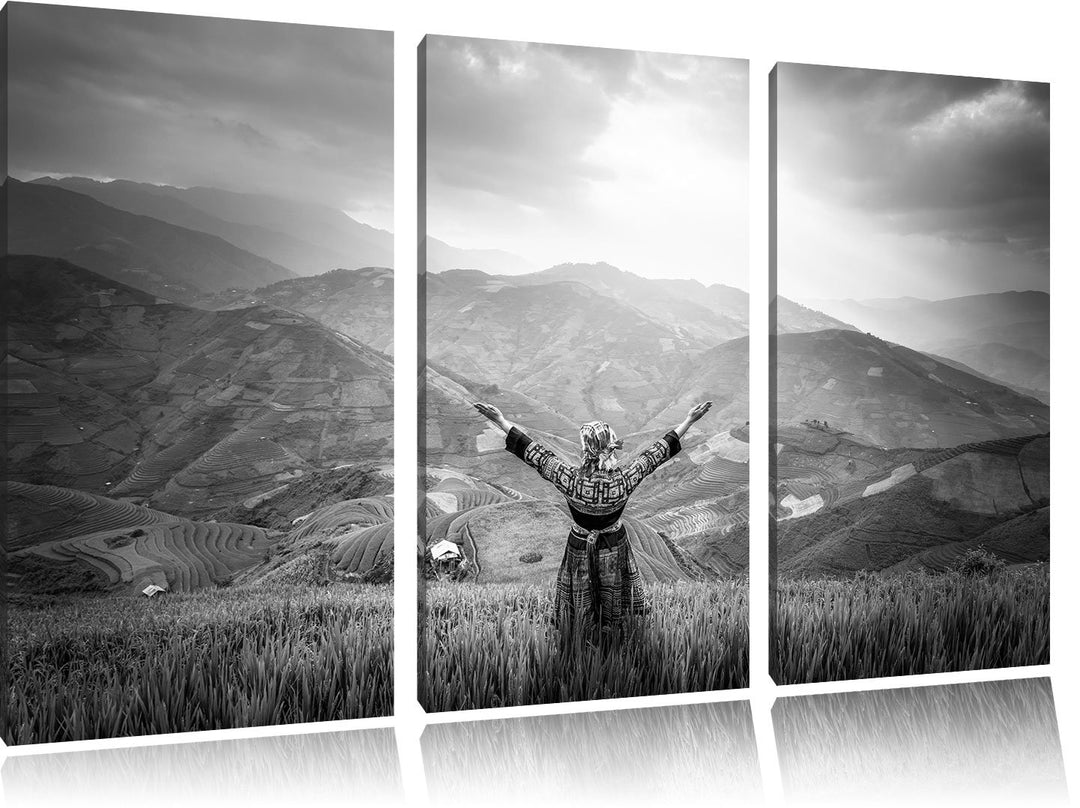 Pixxprint eine Berg Farm in Asien im Sonnenschein Kunst B&W 3-Teiler Leinwandbild 120x80 Bild auf Le