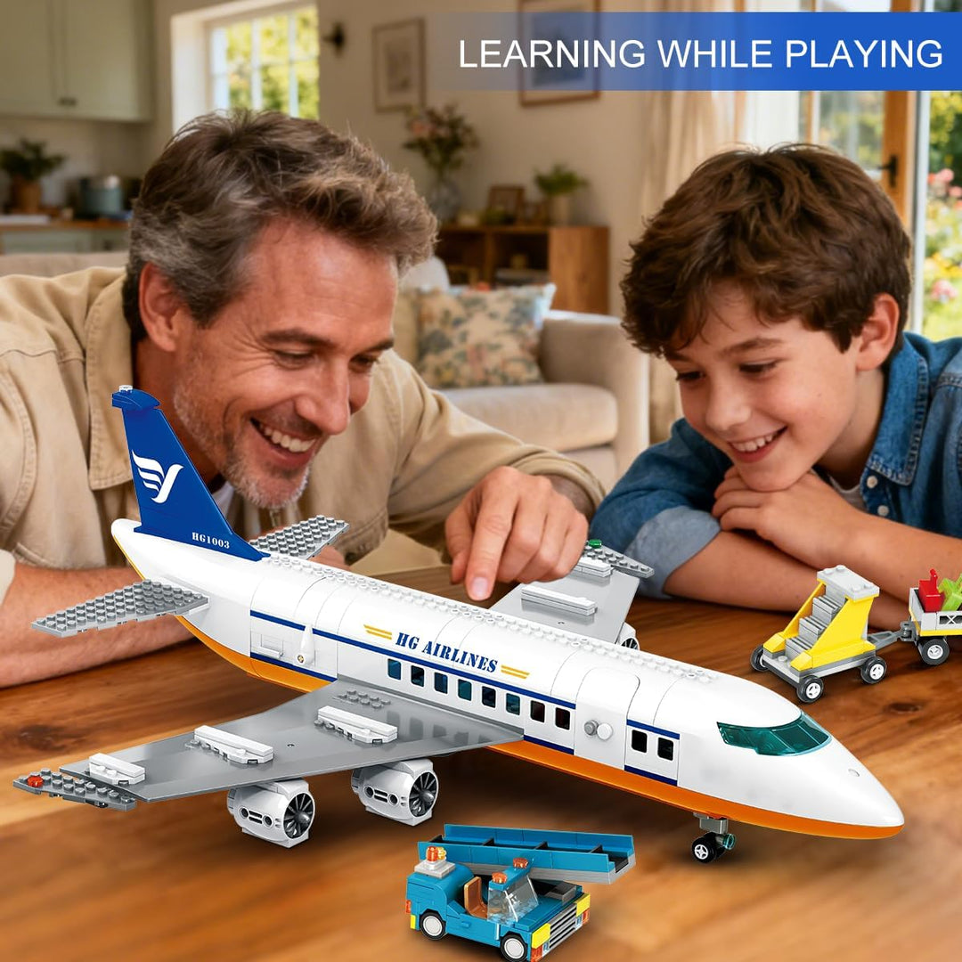 901PCS Flughafen Bauspielzeug | Grosses City Passagierflugzeug Bauset mit LED-Licht, 2 Gepäckwagen,