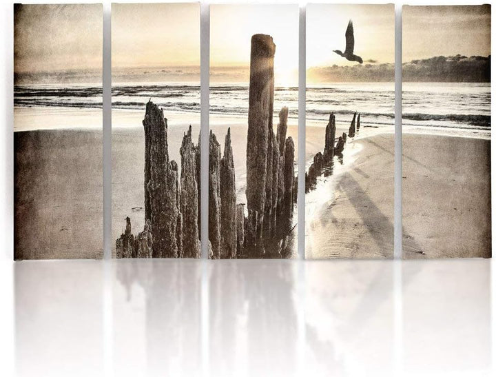 Feeby Frames, Leinwandbild Bilder Wand Bild - 5 Teile - Wandbilder Kunstdruck (WELLENBRECHERS, BRAUN
