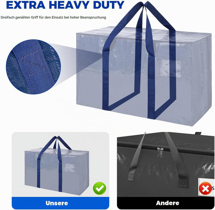 Umzugstaschen 93 L, 4er-Pack Aufbewahrungstaschen mit Reissverschluss, Umzugstaschen Heavy Duty Extr