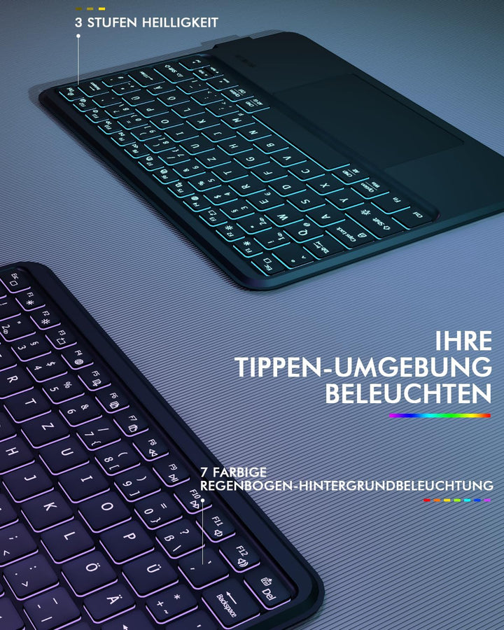 Doohoeek Tablet Tastatur Hülle für 9-11 Zoll, Abnehmbare Beleuchtete Bluetooth Tastatur mit Touchpad