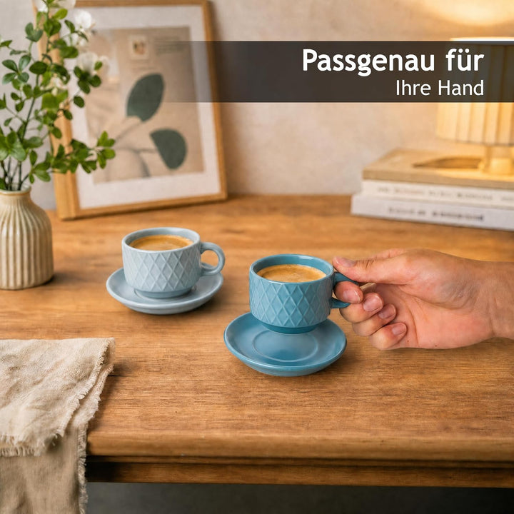 MIAMIO – 6 x 75 ml Espresso Tassen/Espressotassen Set mit Ständer Steingut Keramik - Palmanova Kolle