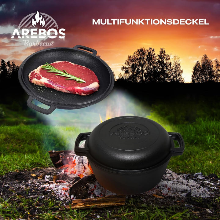 Arebos Dutch Oven Set 2in1 | Gusseisen Topf 4,8 L & Pfanne 1,8 L | Eingebrannter BBQ Feuertopf & Bra