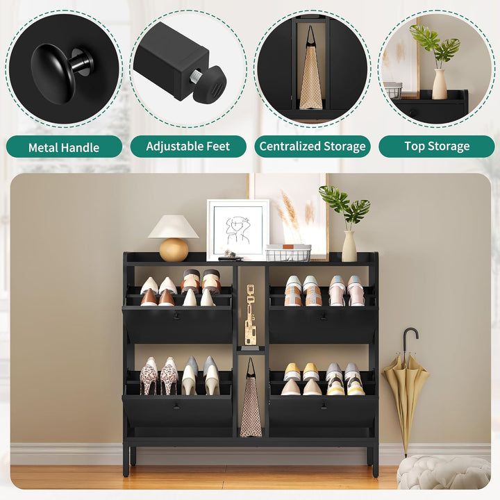 YITAHOME Schuhschrank Schmal mit 4 Klappen, 108 x 27.5 x 95.5 cm für 16 Paar Schuhe mit 2 Offene Reg