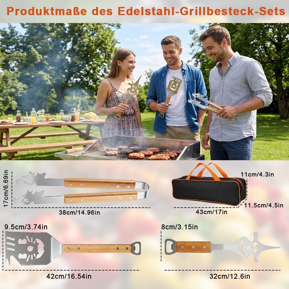 3-teilig Edelstahl BBQ Grillbesteck Set mit Holzgriﬀen, BBQ Zubehör mit Grillzange, Spatel und Gabel