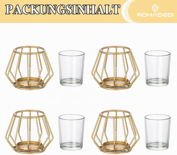 Romadedi Teelichthalter Gold Metall Kerzenhalter: 4er Set Windlicht Klein für Teelichter Deko Wohnzi