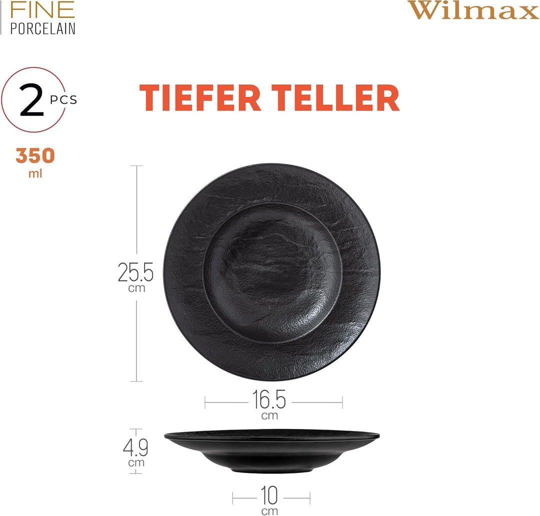 Wilmax | Tiefe Schalen - 2 Stück 25,5 cm / 350 ml | Schwarze Pastateller | Natursteintextur | Für Pa