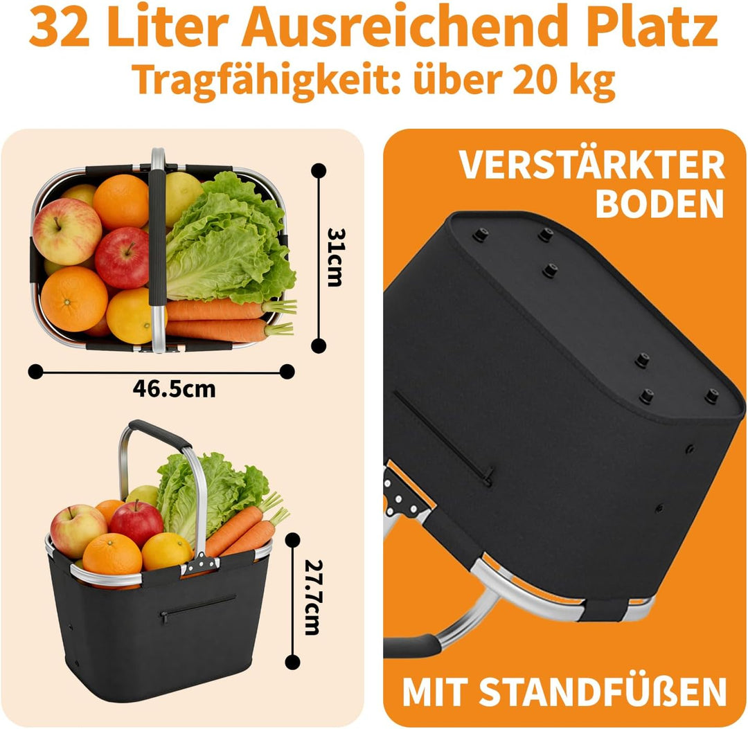 32L Einkaufskorb Faltbar mit 2 Stützstangen, Stabiler Einkaufstasche Familie mit Aluminium Griff was