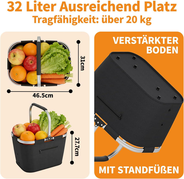 32L Einkaufskorb Faltbar mit 2 Stützstangen, Stabiler Einkaufstasche Familie mit Aluminium Griff was