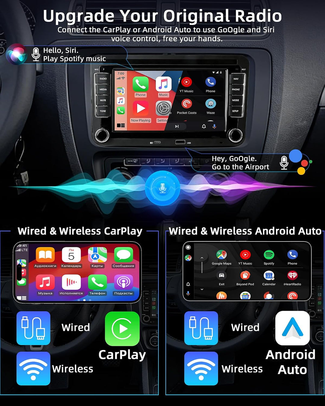 Carplay Autoradio mit Bildschirm für VW Golf 5/6 T5 Caddy Tiguan Polo 6r | 7 Zoll Doppel DIN Radio,