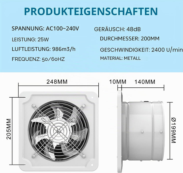 Aygrochy 200mm Regelbar Abluftventilator, DC motor Badlüfter Leiser 986m³/h,Industrielle Wandventila
