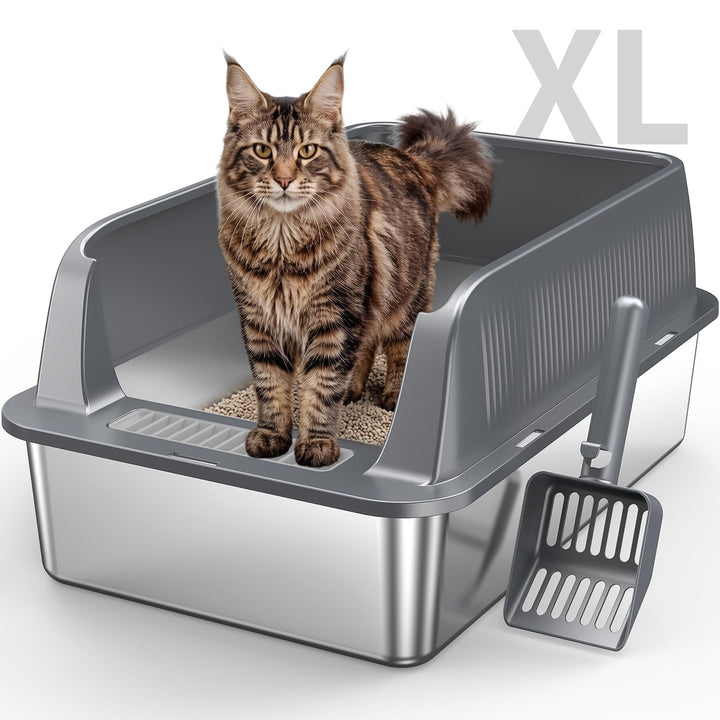 Edelstahl Offene Katzentoilette – extra grosse Katzentoilette mit hohen Seitenwänden für grosse Katz