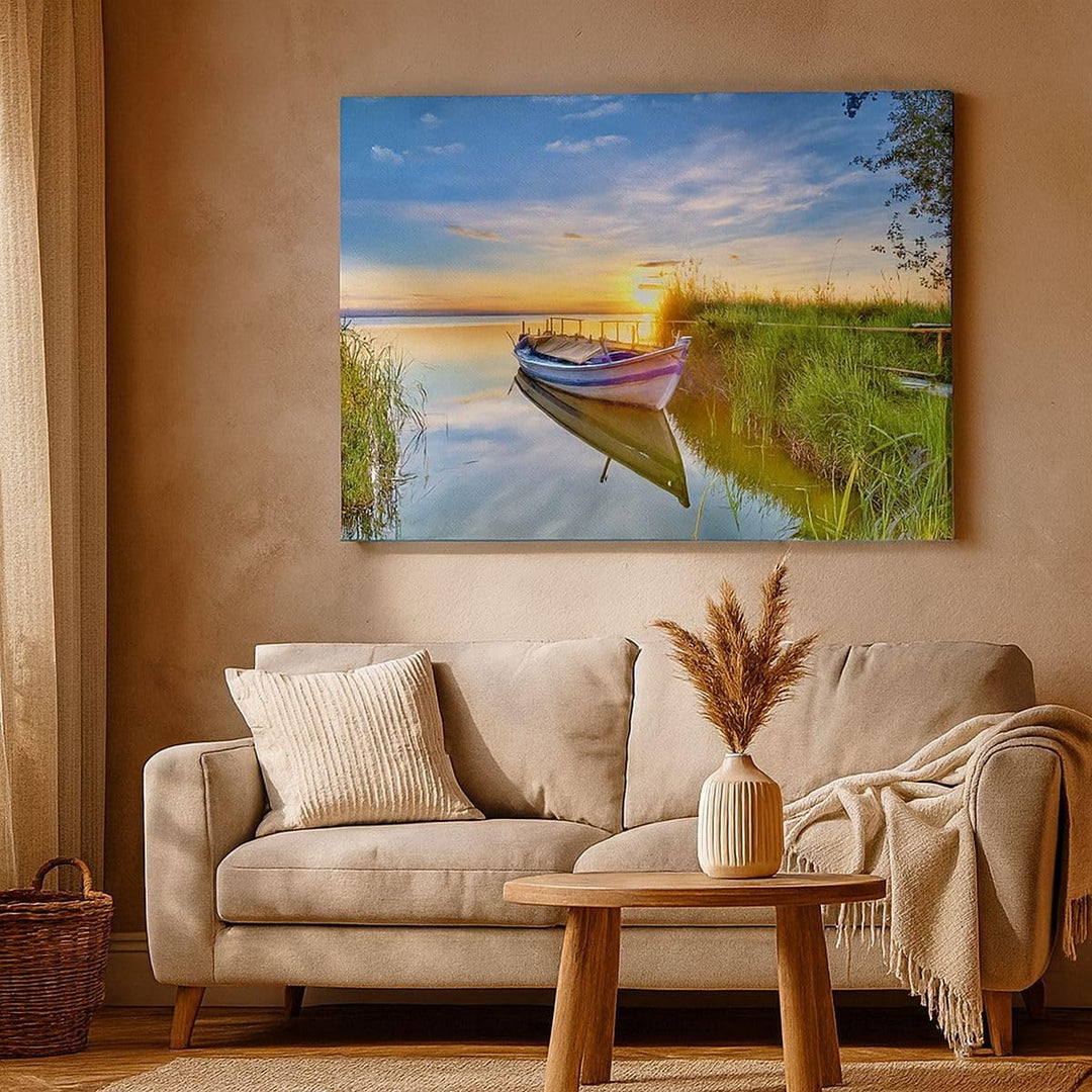Bilder auf Leinwand 100x70cm Leinwandbild mit Rahmen See Boot Wasser Gross Wanddeko Bild Schlafzimme