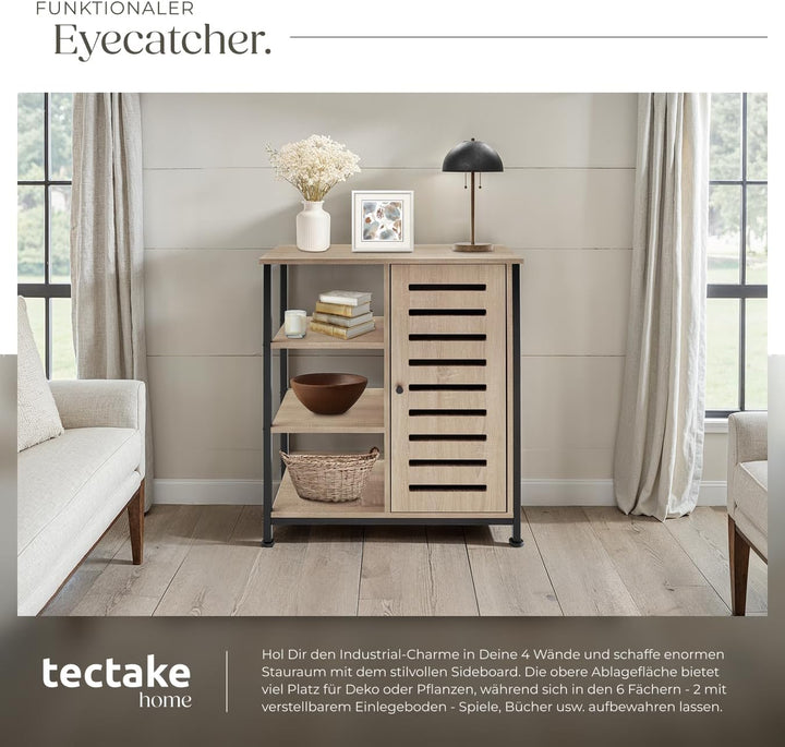 tectake Sideboard mit 3 Fächern und Schrankfach, 71 x 32 x 82 cm, Industrie-Design, Holz Kommode für
