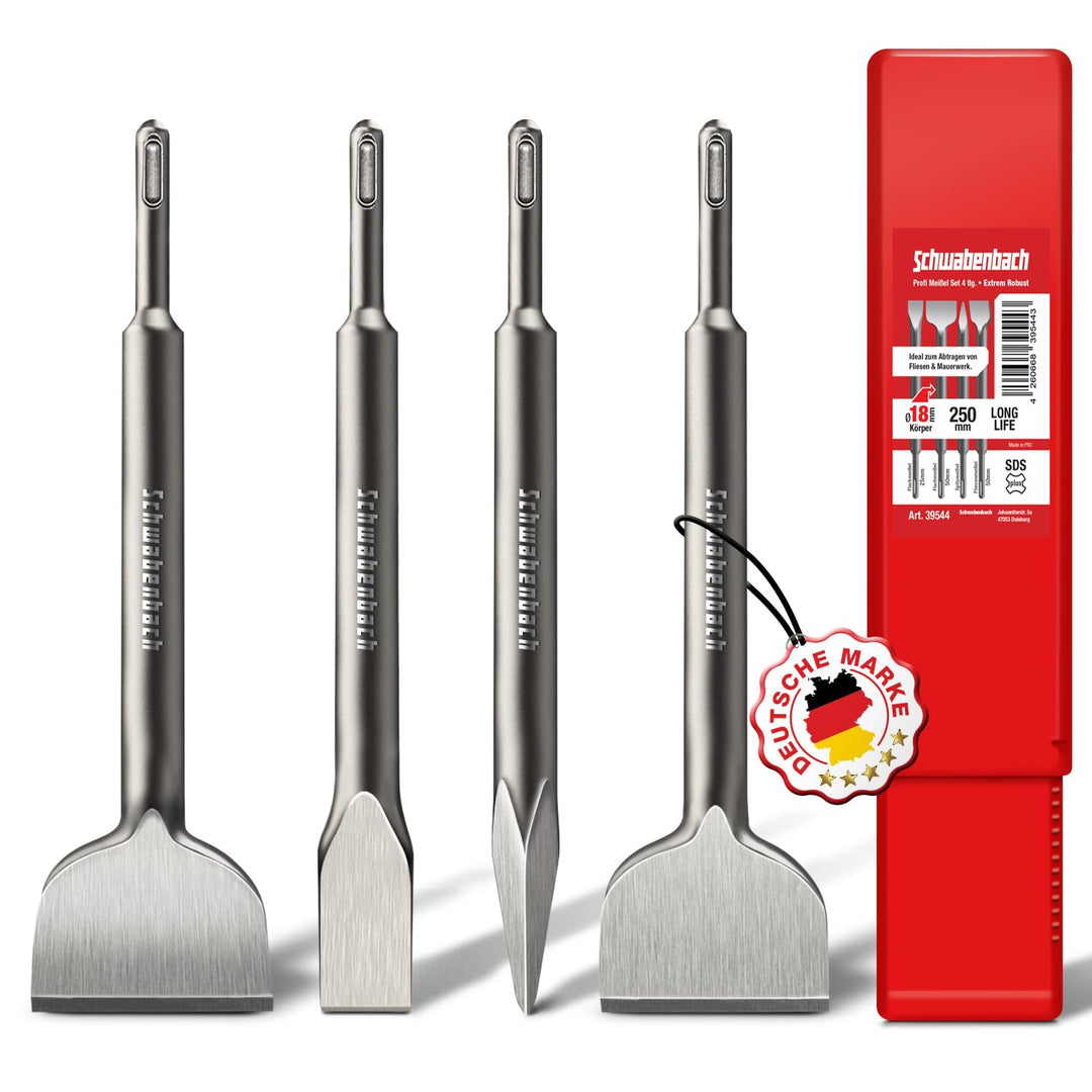 SCHWABENBACH® SDS PLUS Meissel Set 4tlg. 250mm - Flachmeissel 25mm + 50mm + Fliesenmeissel 50mm (Abg