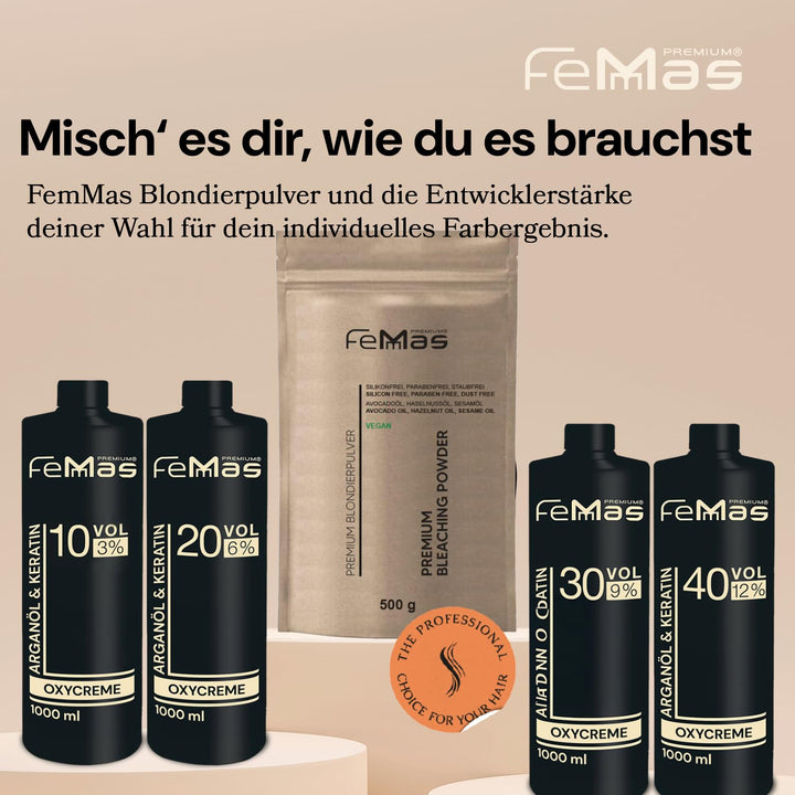 FemMas Premium Blondierungspulver 500g, vegan I Hair Bleach staubfrei & ultra stark mit pflegenden Ö