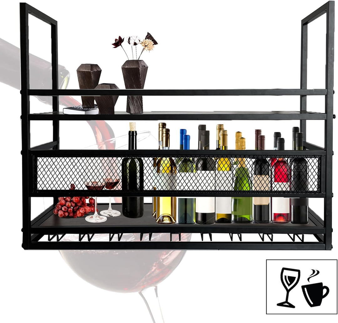 Deckenregal Weinregal, 2-Lagiger Industrieller Hängender Weinflaschenhalter mit Glashalter, Metall-D