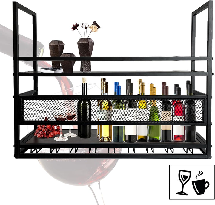 Deckenregal Weinregal, 2-Lagiger Industrieller Hängender Weinflaschenhalter mit Glashalter, Metall-D